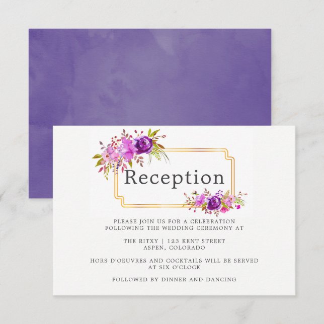 Lila und violette Hochzeitsempfehlung Einladung (Vorne/Hinten)