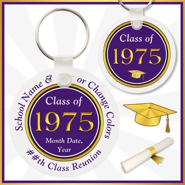 Lila und weiß, Klasse 75 Wiedersehen, Gastgeschenk Schlüsselanhänger (Class of 1975 Keychains. Great and Inexpensive, Class of 75 party favors for your goodie bags. )