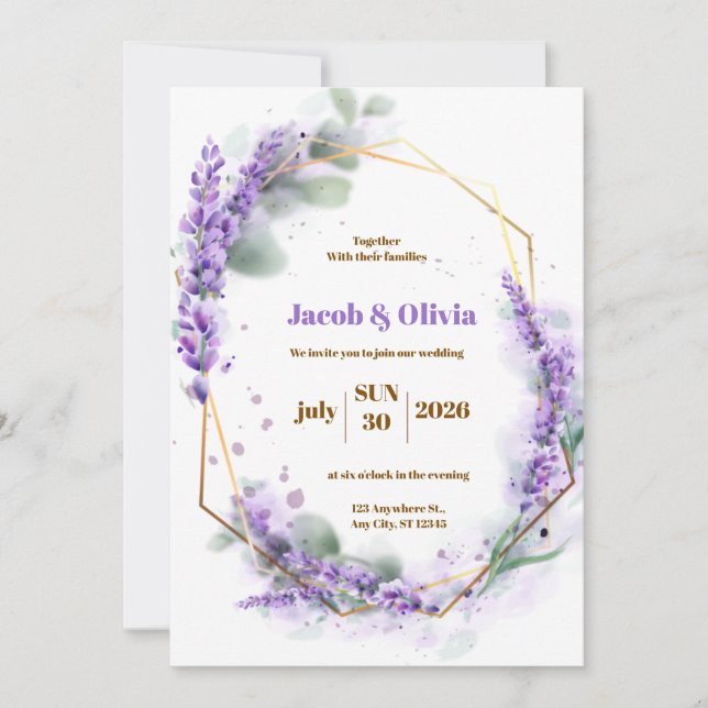Lila und weiß mit Lavender Wreath Wedding Invi Einladung (Vorderseite)