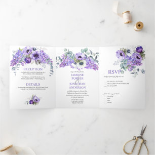 Lila und weiße Anemone, Lila Lilacs Dreifach Gefaltete Einladung