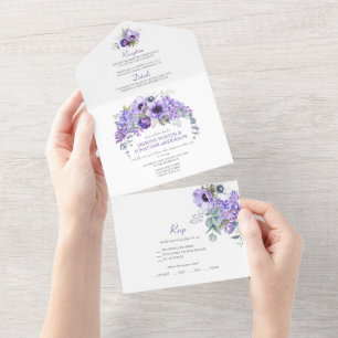 Lila und weiße Anemonen, lila Flieder Floral   All In One Einladung