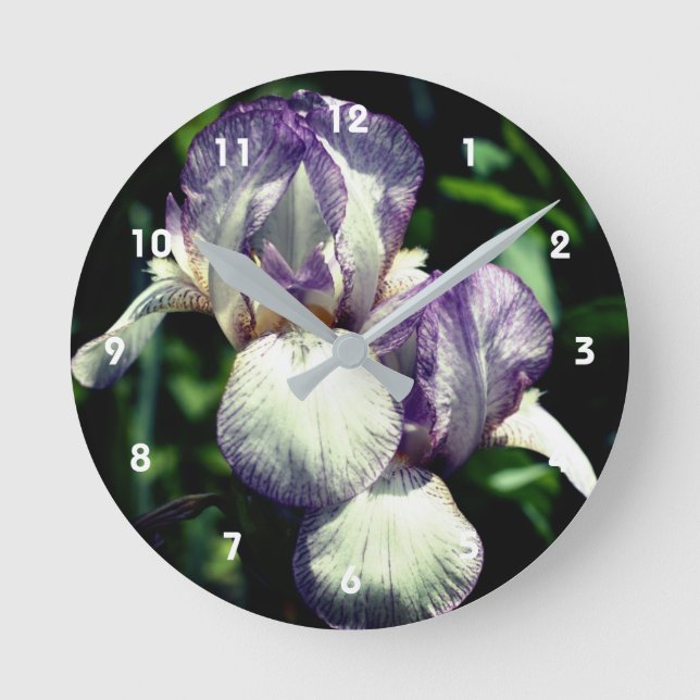 Lila und weiße Blume Iris  Runde Wanduhr (Vorderseite)