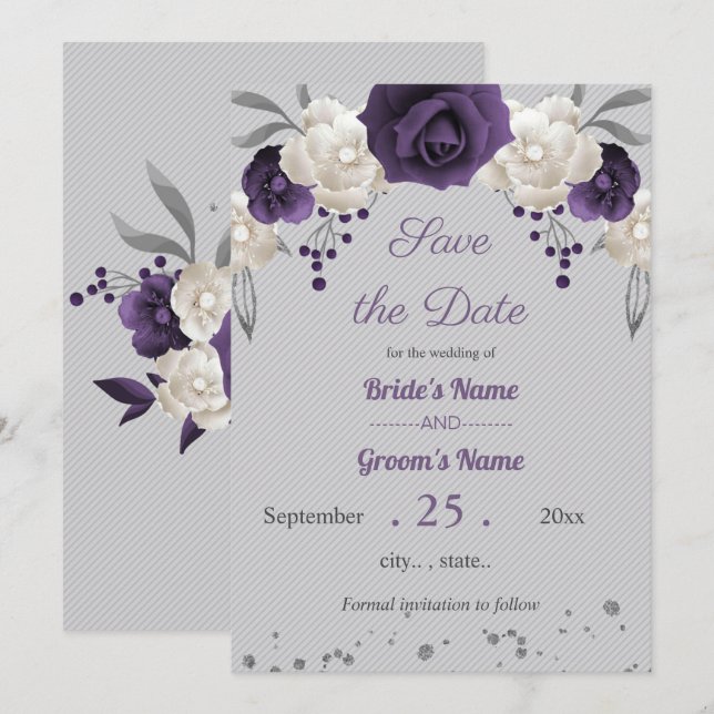 lila und weiße Blume Save the Date grau Einladung (Vorne/Hinten)