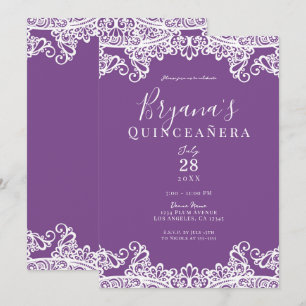 Lila und weiße Elegant Quinceañera-Party  Einladung