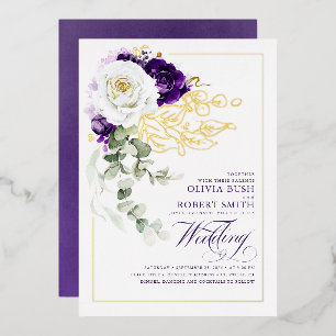 Lila und weiße florale Boho-Hochzeit mit Aubergine Folieneinladung