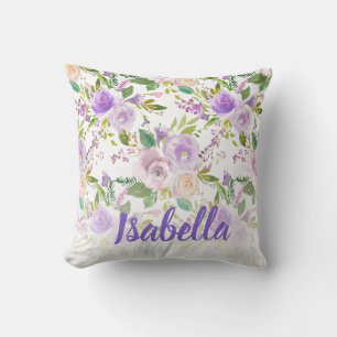 Lila und weiße florale Frühlings-Wasserfarben-Mono Kissen