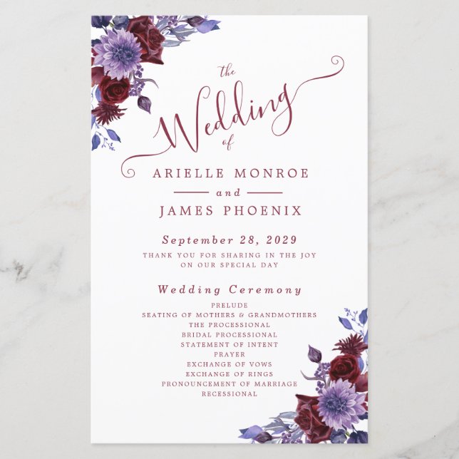 Lila und weiße florale Hochzeitsprogramme (Vorderseite)