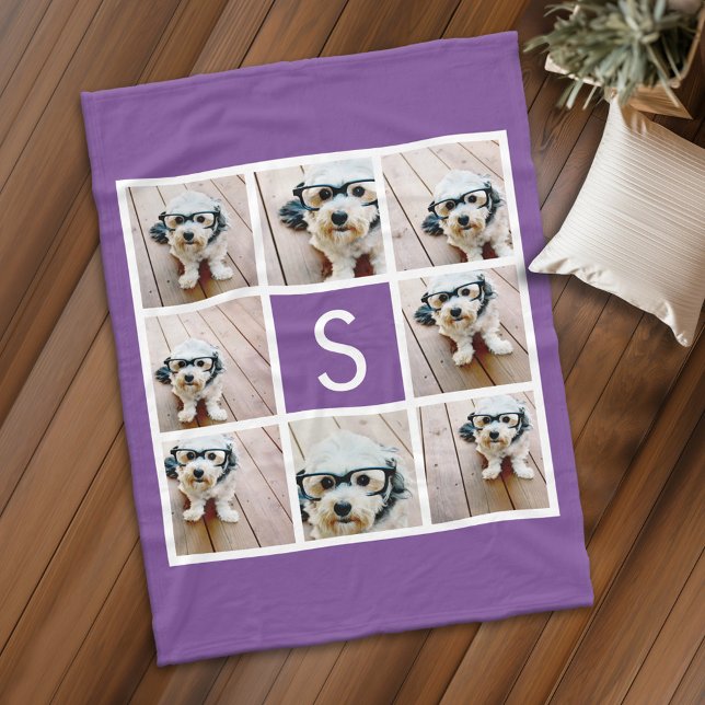 Lila und weiße Fotomaterial für benutzerdefinierte Fleecedecke (Personalized fleece blanket with 8 photos and a monogram)