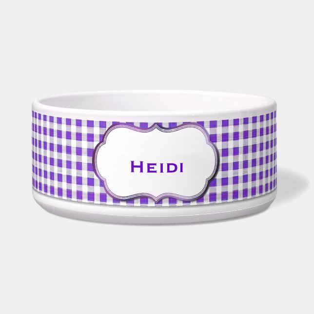 Lila und weiße Gingham Custom Dog Bowl Napf (Vorderseite)