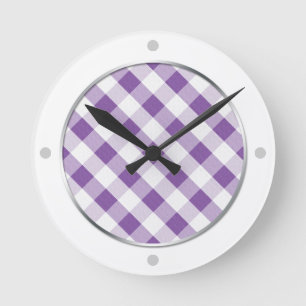Lila und weiße Gingham-Patternuhr Runde Wanduhr