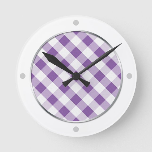 Lila und weiße Gingham-Patternuhr Runde Wanduhr (Vorderseite)