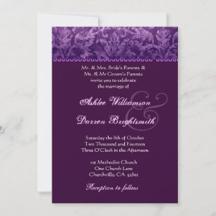 Lila und weiße Grunge Damask Wedding Ver 001 Einladung