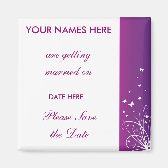 Lila und weiße Hochzeit speichern Sie das Datumsfe Magnet (Vorne)