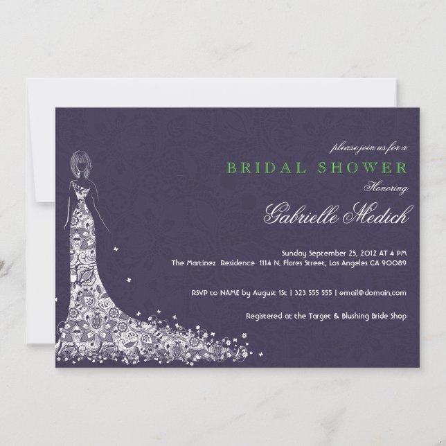 Lila und weiße Hochzeitskleidung und Vintage Spitz Einladung (Vorderseite)