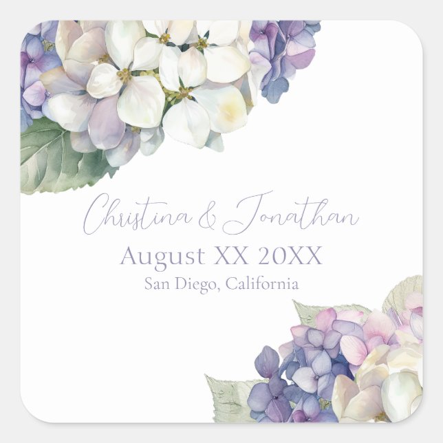 Lila und weiße Hydrangea-Blume Quadratischer Aufkleber (Vorderseite)