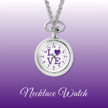 Lila und weiße Liebe Necklace Watch Armbanduhr<br><div class="desc">Necklace Watch Geschenk. Mit dem Wort "Liebe" und einer Herzform,  die den Buchstaben O Lila und weiß ersetzt</div>
