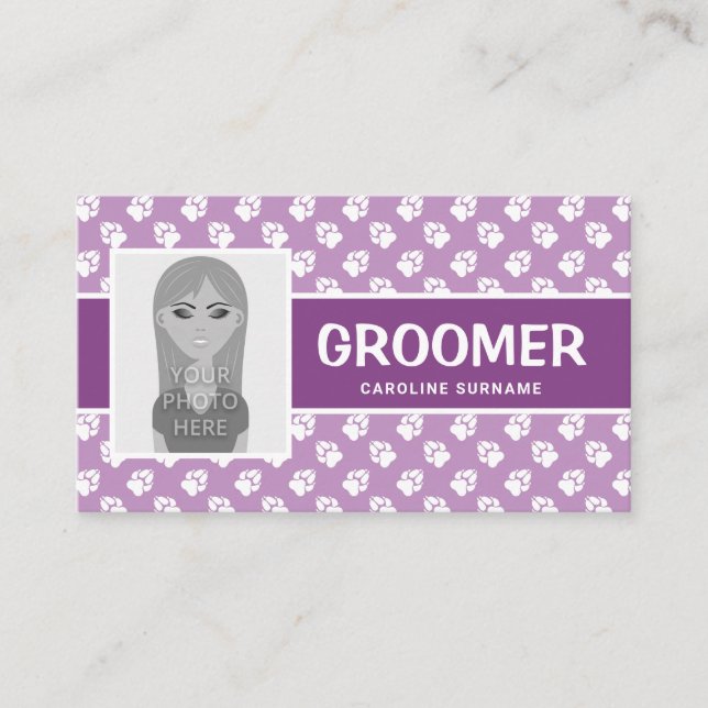Lila und weiße Pasten mit Ihrem Foto - Dog Groomer Visitenkarte (Vorderseite)