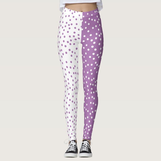 Lila und weiße Polka-Punkte-Farbblock Leggings (Vorderseite)