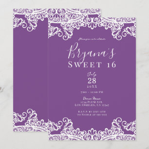 Lila und weiße Spitzen Elegant Sweet 16 Party Einladung