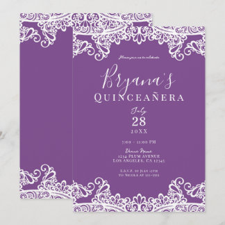 Lila und weiße Spitzen Elegantes Quinceñera Party Einladung