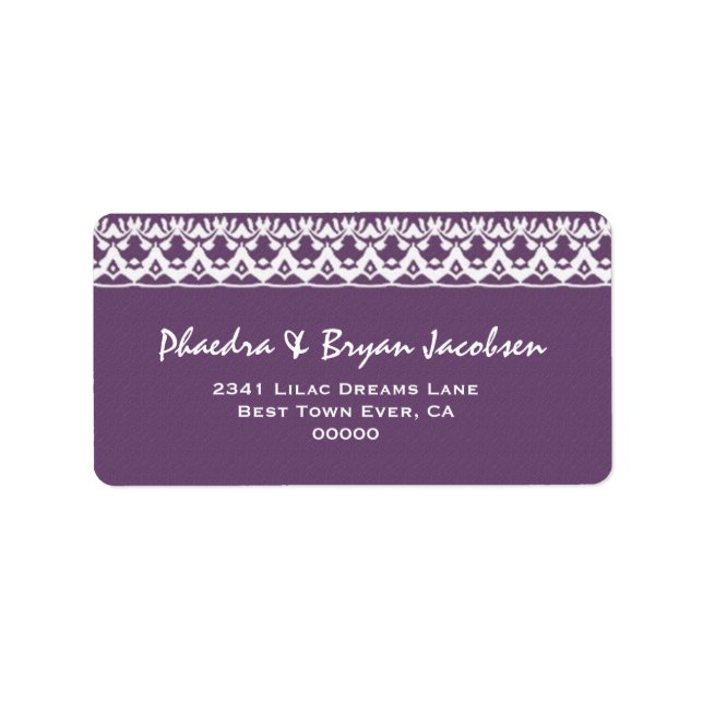 Lila und weiße Spitzen Hochzeit G473 Adressaufkleber (Vorne)