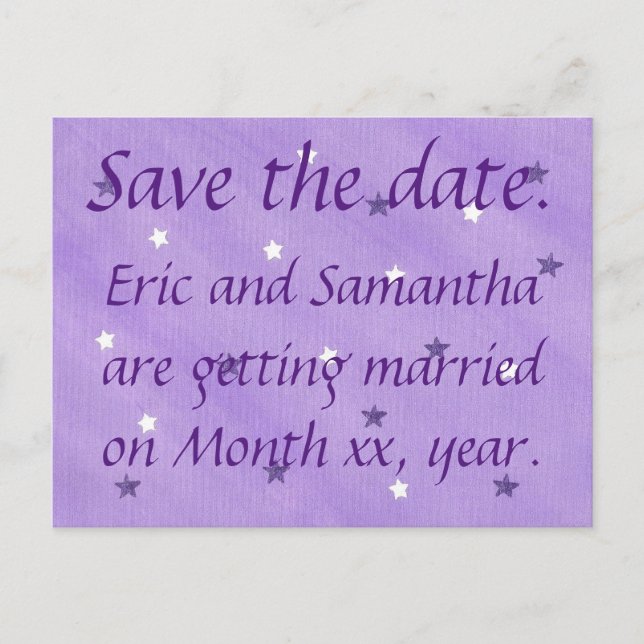 Lila und weiße Sterne Save the Date Postkarten (Vorderseite)