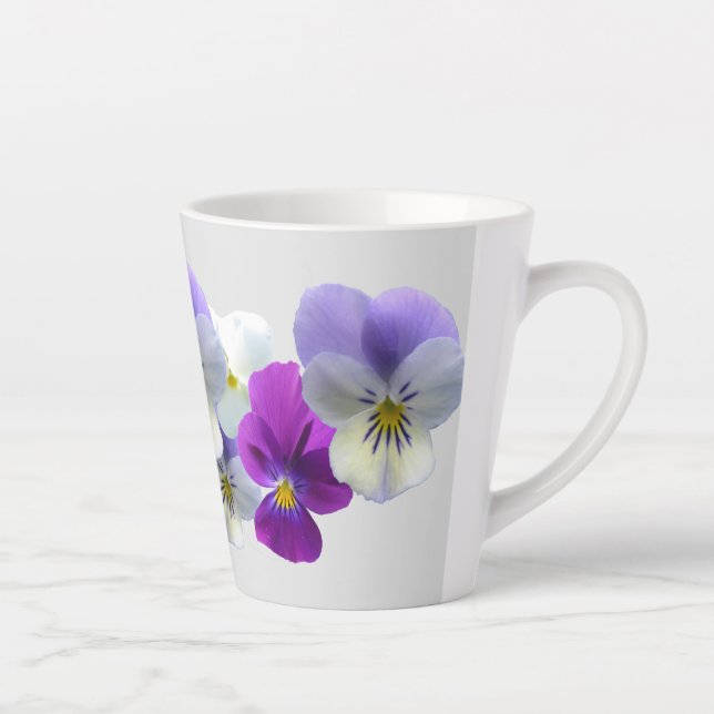 Lila und weiße Stiefmütterchen Hellgrau Latte Tass Milchtasse (Rechts)