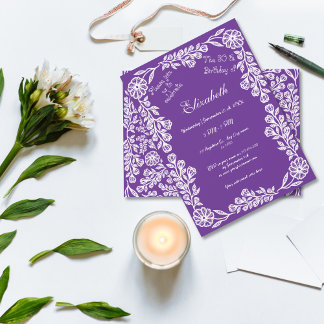 Lila und weißer botanischer Flor 30. Geburtstag Einladung