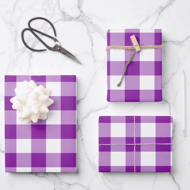 Lila und weißer Gingham Karo Kariert Geschenkpapier Set (Vorderseite)