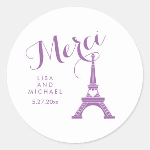 Lila und weißer Turm Paris Eiffel, der Merci Runder Aufkleber
