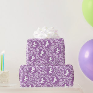 Lila und weißes Einhorn mit Blumen- und Blattmuste Geschenkpapier