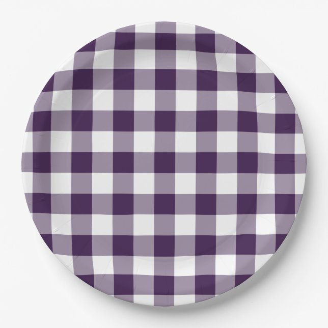 Lila und weißes Gingham-Muster Pappteller (Vorderseite)