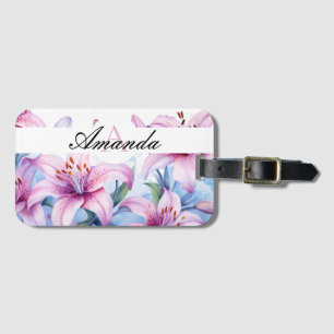 Lila und weißes Lilienmuster Monogramm Gepäckanhänger