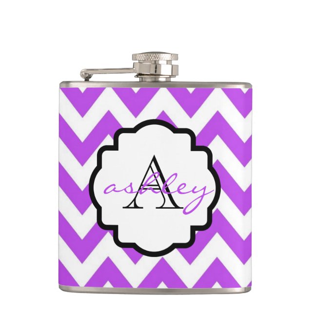 Lila und Zickzack Monogramm-Flasche Flachmann (Vorderseite)