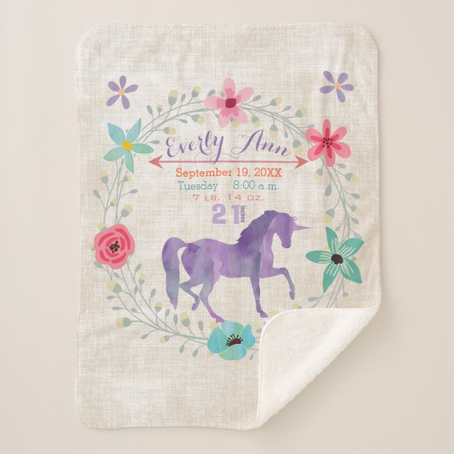 Lila Unicorn Baby Girl Stats Wasserfarben Wreath Sherpadecke (Vorderseite)