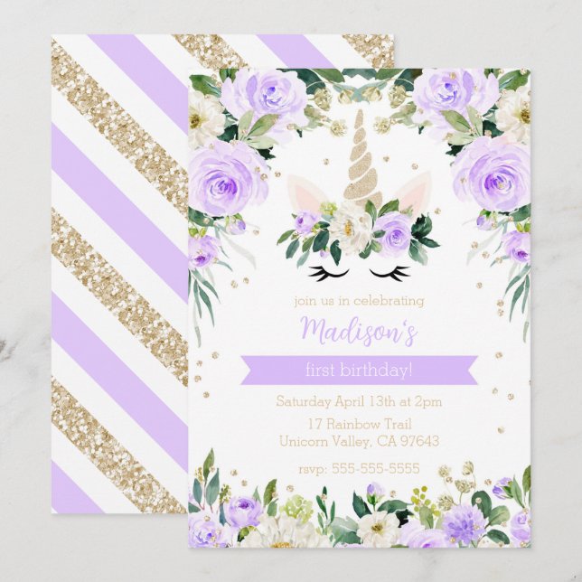 Lila Unicorn Girly Birthday Einladung (Vorne/Hinten)