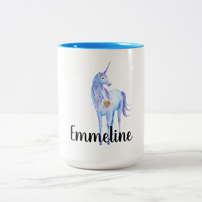 Lila Unicorn Gold Glitzer Herz personalisiert Zweifarbige Tasse (Mittel)