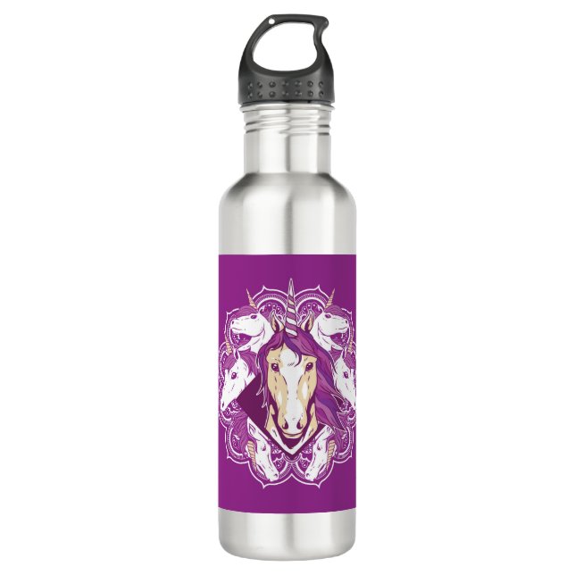 Lila Unicorn Mandala Edelstahlflasche (Vorderseite)