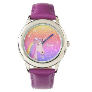 Lila Unicorn-Regenbogen-Glitzer Personalisiert Armbanduhr