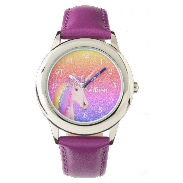 Lila Unicorn-Regenbogen-Glitzer Personalisiert Armbanduhr (Vorderseite)