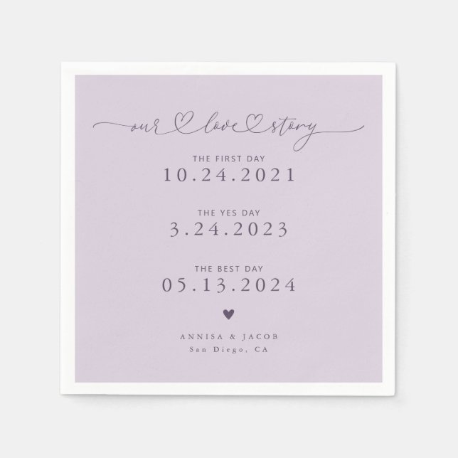 Lila unsere Liebe Story Script Hearts Wedding Serviette (Vorderseite)