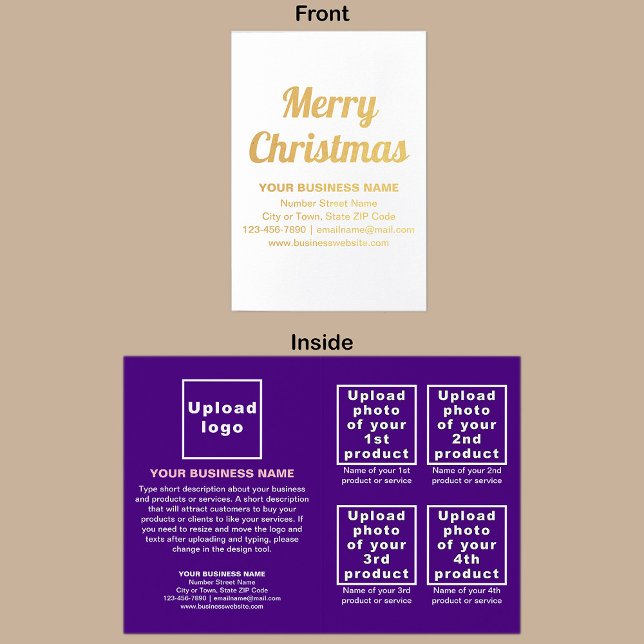 Lila Unternehmensmarke auf der Weihnachtsfoilkarte Folienkarte (Purple business brand with products or services on Christmas folded foil card.)