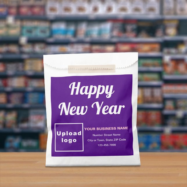 Lila Unternehmensmarke, Neujahrspapiertasche Geschenktütchen (Purple business brand with New Year greeting on paper bag)