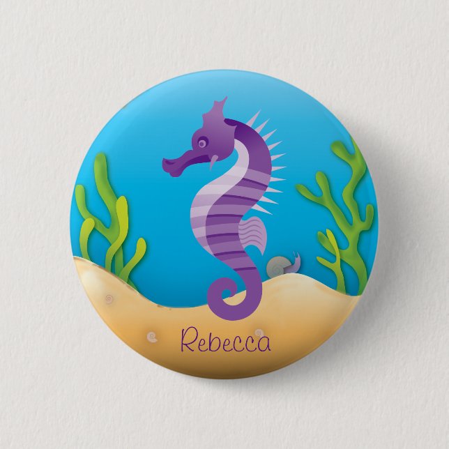 Lila UnterwasserSeepferd Button (Vorderseite)