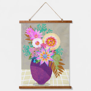 Lila Vase gefüllt mit digitalen Blumen Wandteppich Mit Holzrahmen
