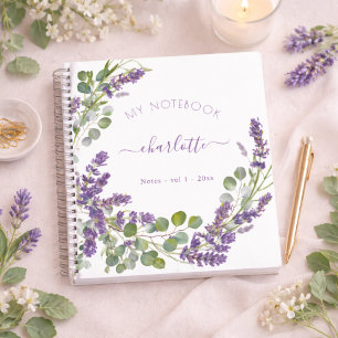 Lila Veilchen Eukalyptus Blumen Script Notizbuch