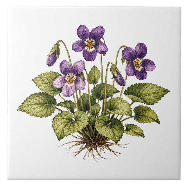 Lila Veilchen im Vintage-Stil Botanisch  Fliese (Vorderseite)