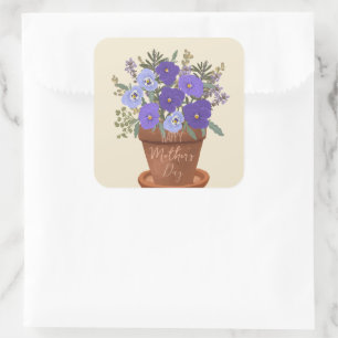 Lila Veilchen in einem Topf – Muttertagsblumen Quadratischer Aufkleber