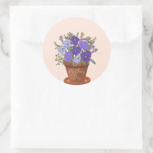 Lila Veilchen in einem Topf – Muttertagsblumen Runder Aufkleber