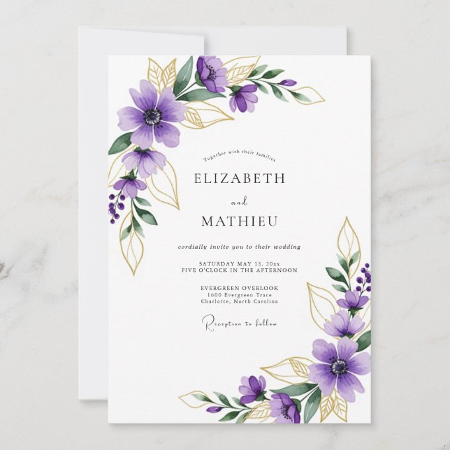 Lila vergoldete botanische Hochzeit Einladung (Vorderseite)